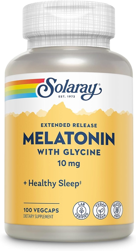 SOLARAY Melatonin 10mg con Glycine - Extended Release, Healthy Sleep Aid and Calming Relaxation Support - Lab Verified, Vegan, Gluten Free, 60-Day Guarantee - 100 Servings, 100 VegCaps