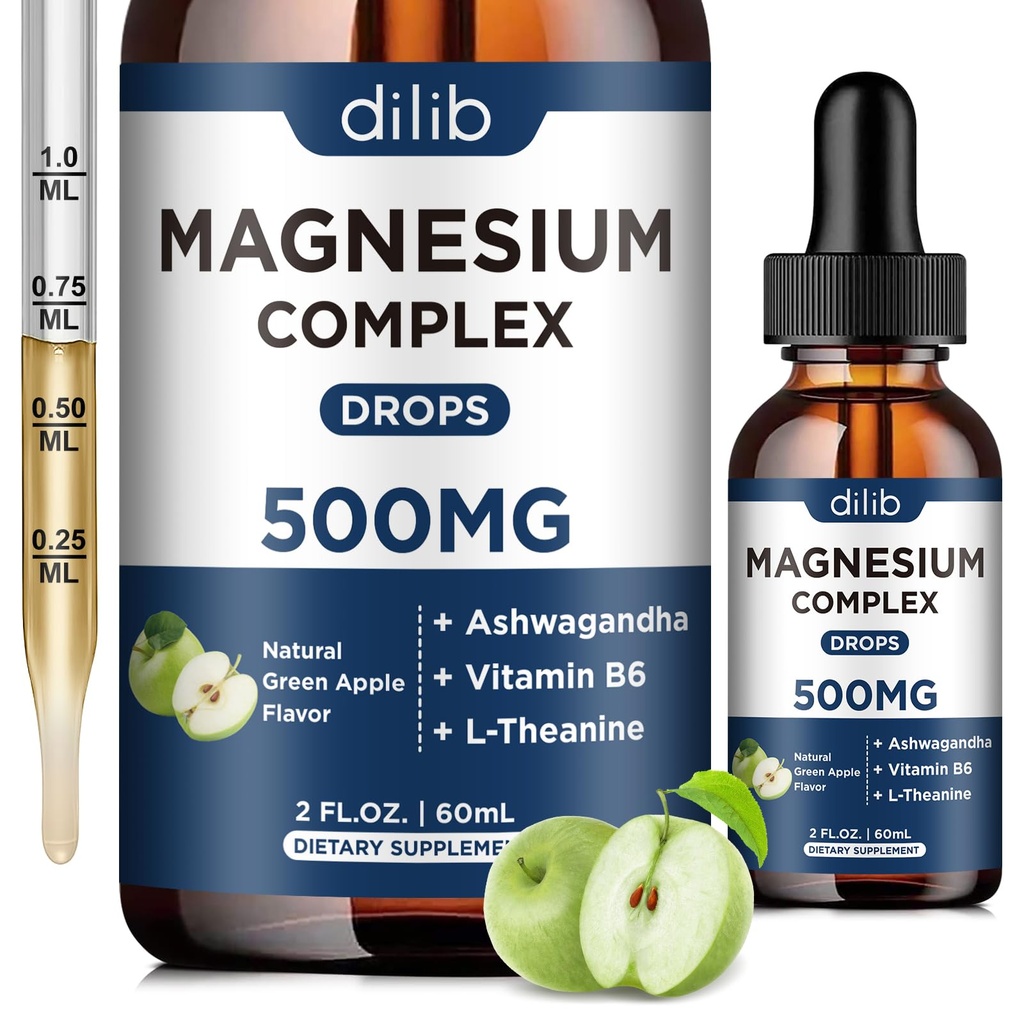 Triple Complejo de Magnesio Suplemento-Magnesium Glycinate, Citrato, Malate Liquid Drops 500mg con Ashwagandha, L-Theanine, B6 para la calma, Stress Relief, Sleep, Muscle Support-Green Apple Flavor