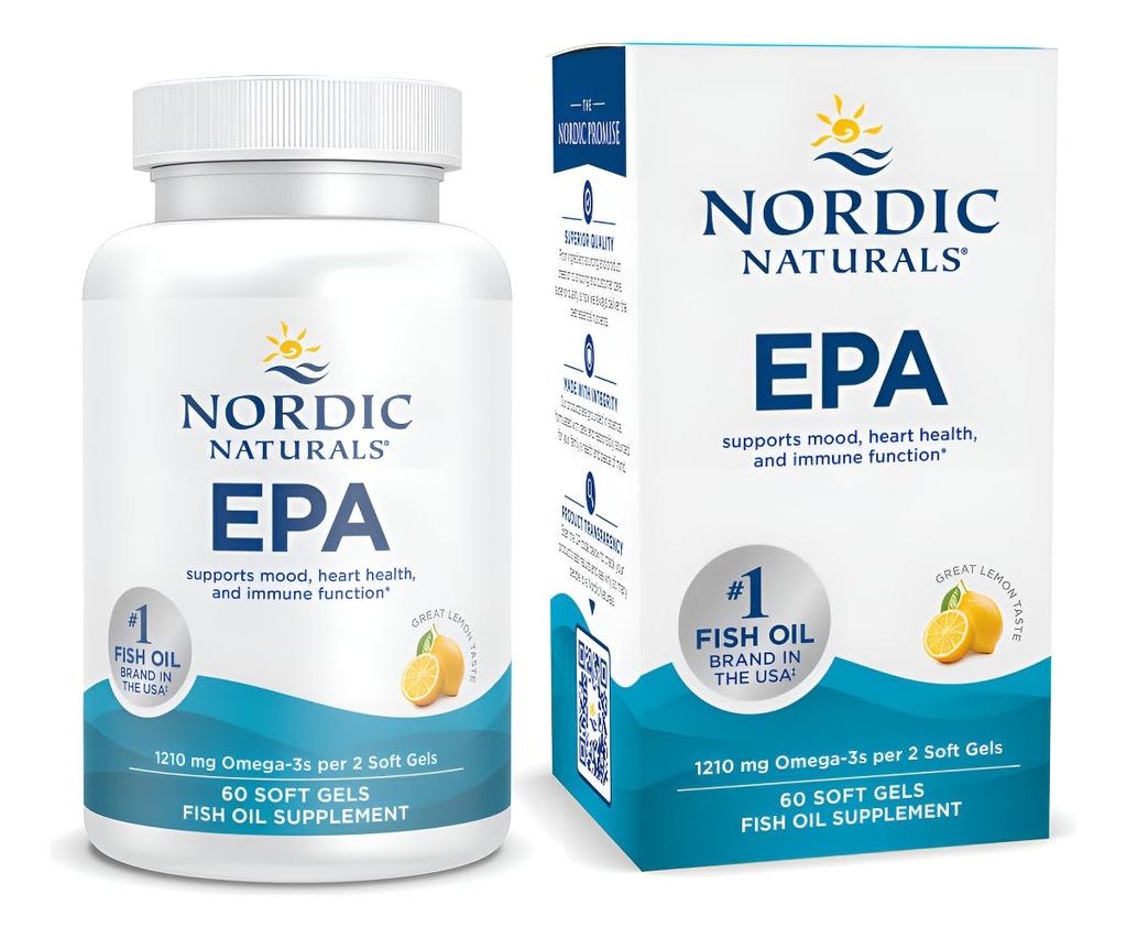 Naturales nórdicos EPA, Lemon - 60 geles blandos - 1210 mg Omega-3 - Fórmula EPA de alta intensidad para el humor positivo, salud cardíaca &amp; inmunidad saludable - 30 servicios
