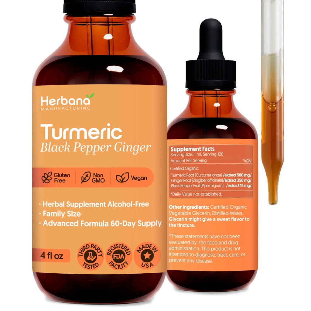 Tormérico 3-en-1 Líquido Extracto - Curcumin &amp; Ginger, Black Pepper - Suplemento Natural Herbal - Immune and Brain Booster Tintura (2 FL OZ)