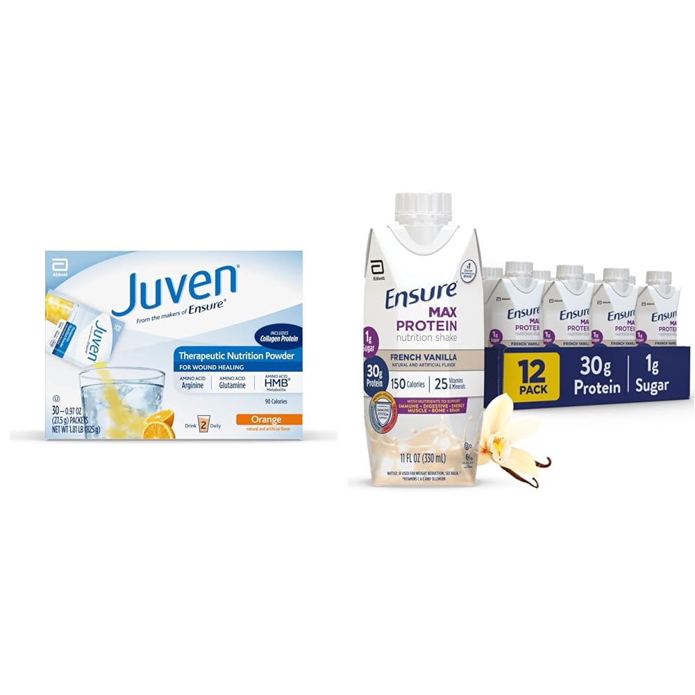 Juven Therapeutic Nutrition Drink Mix Powder for Wound Healing, 30 Cuenta + Asegurar Max Protein Nutrition Shake, French Vanilla, 12 Pack