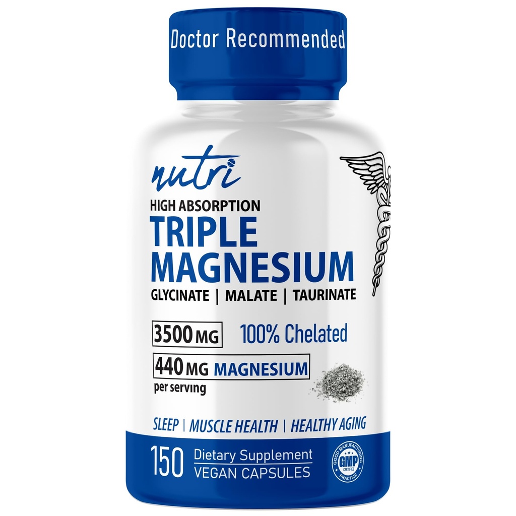 Nutri Triple Complejo de Magnesio 440mg - Magnesium Glycinate, Malate, & Taurinate - 100% Chelated for Maximum Absorption - 120 Vegan Capsules - Complejo Triple Complejo Magnesio - Complejo Triple Magnesio