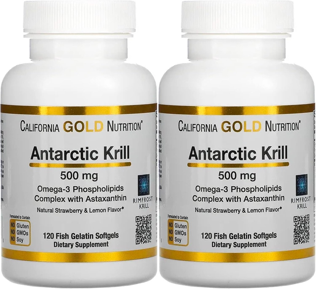 California Gold Nutrition Antártico Krill Oil, Ultra-High Omega-3 con Astaxanthin, Fresa Natural " Lemon Flavor, No GMO, Gluten Free, 500 mg, 120 Fish Gelatin Softgels, 2 Pack