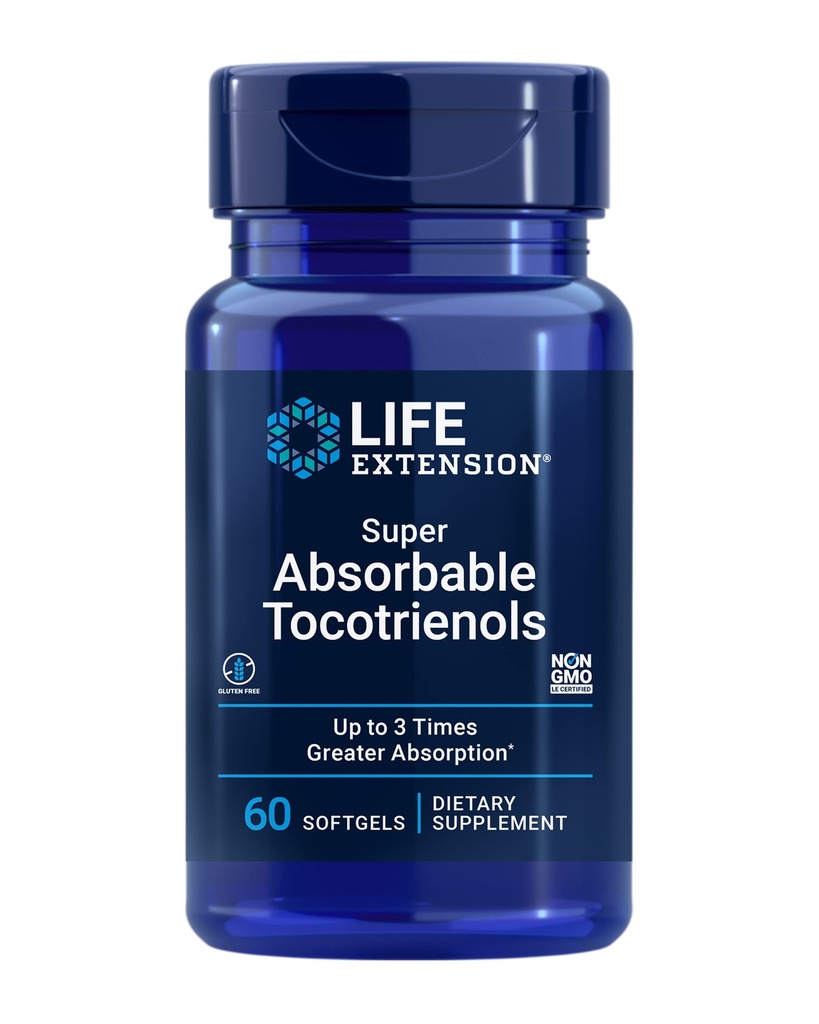 Extensión de vida Super Absorbable Tocotrienols, Vitamina E como D-Alpha tocopherol, Tocotrienol mixto, Apoyo Crecimiento del cabello, Función del cerebro, Libre de gluten, No GMO, 60 softgels