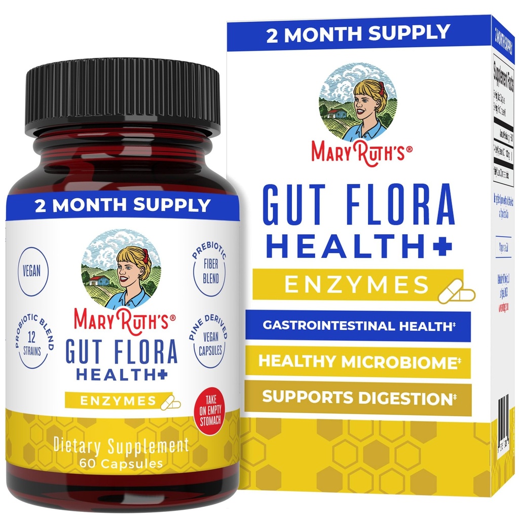 MaryRuth’s Gut Flora Health+ Enzymes ← Prebiótico &amp; Probiótico Digestivos Enzimas para el Gut saludable Biome > Apoyo digestivo  Gastrointestinal Health ← CLP Certified ← 60 Capsules ← Hasta 2 meses de suministro