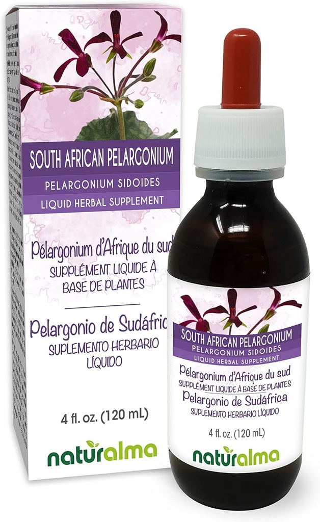 Naturalma South African Pelargonium or Umckaloaba (Pelargonium sidoides) Tinte libre de alcohol - 4 fl oz Extracto líquido en gotas - Suplemento herbal - Vegan