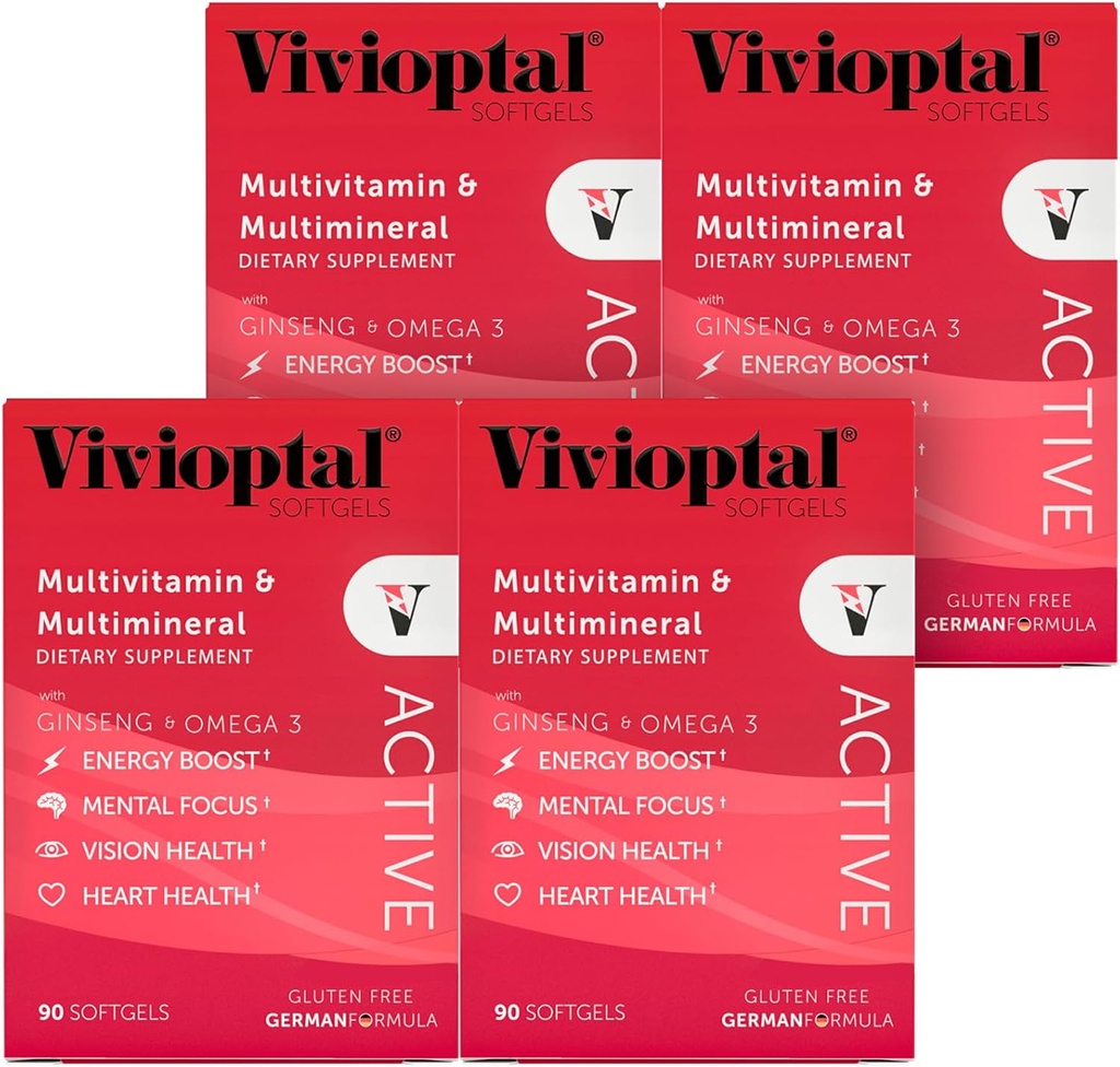 Vivioptal Active, 90 Softgels (1 año de suministro), Ginseng & Omega 3, Multivitamin & Multimineral, Gluten Free, German Formula