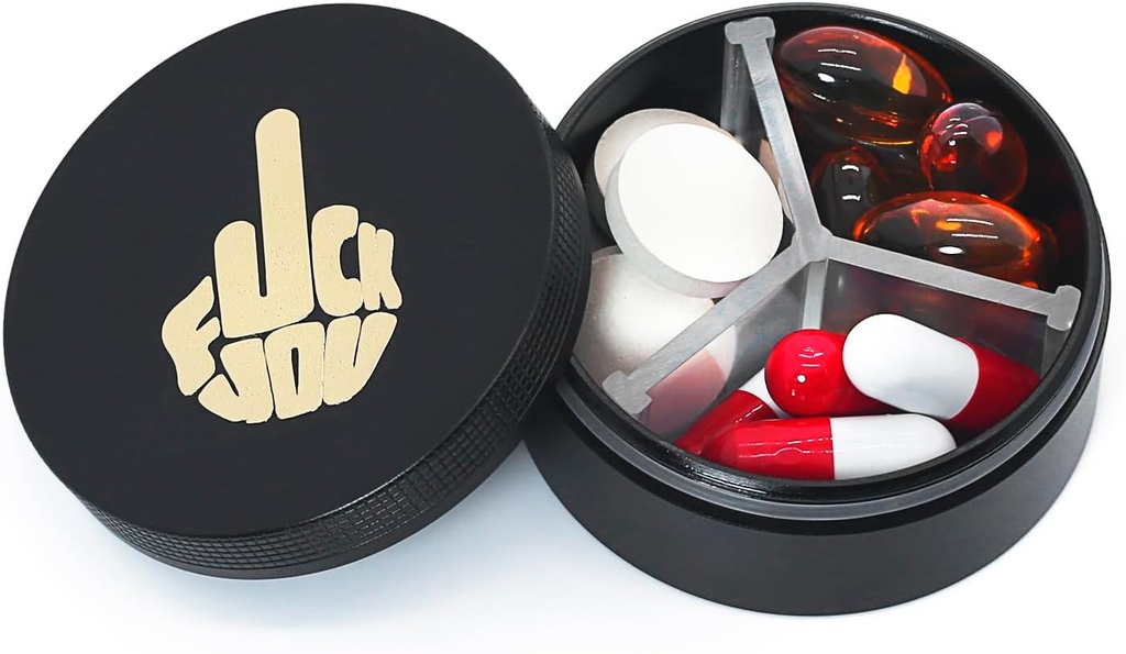 Caja pequeña de pill 3 Compartimientos, Caja de pill redondeada de metal, Organizador a prueba de agua, Pocket Purse Medicine Vitamin Holder EDC Container (Black with Finger)