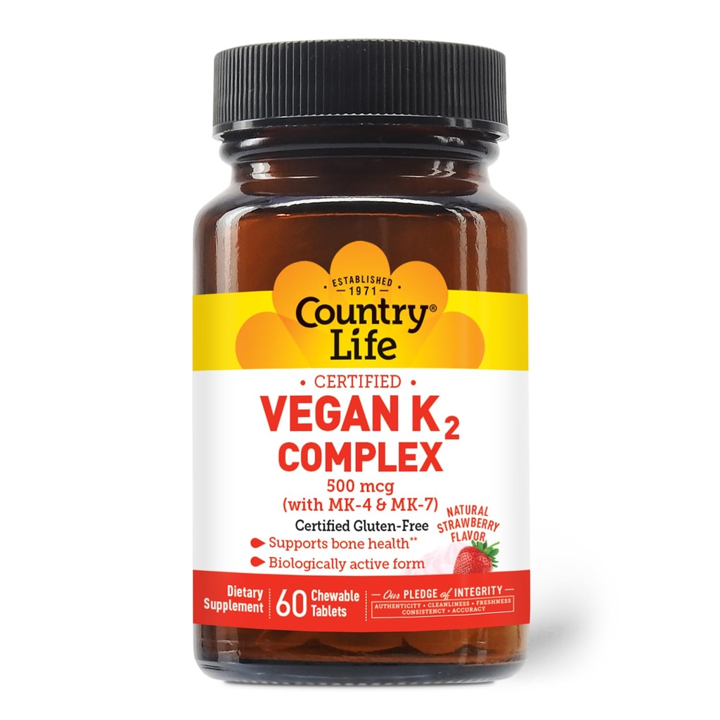 Country Life® Vegan K2-500 mcg, 60 Ct. Chewable Tablets. Sabor de fresa - Certified Gluten Free - Certified Vegan by AVA - para apoyar la salud de los huesos
