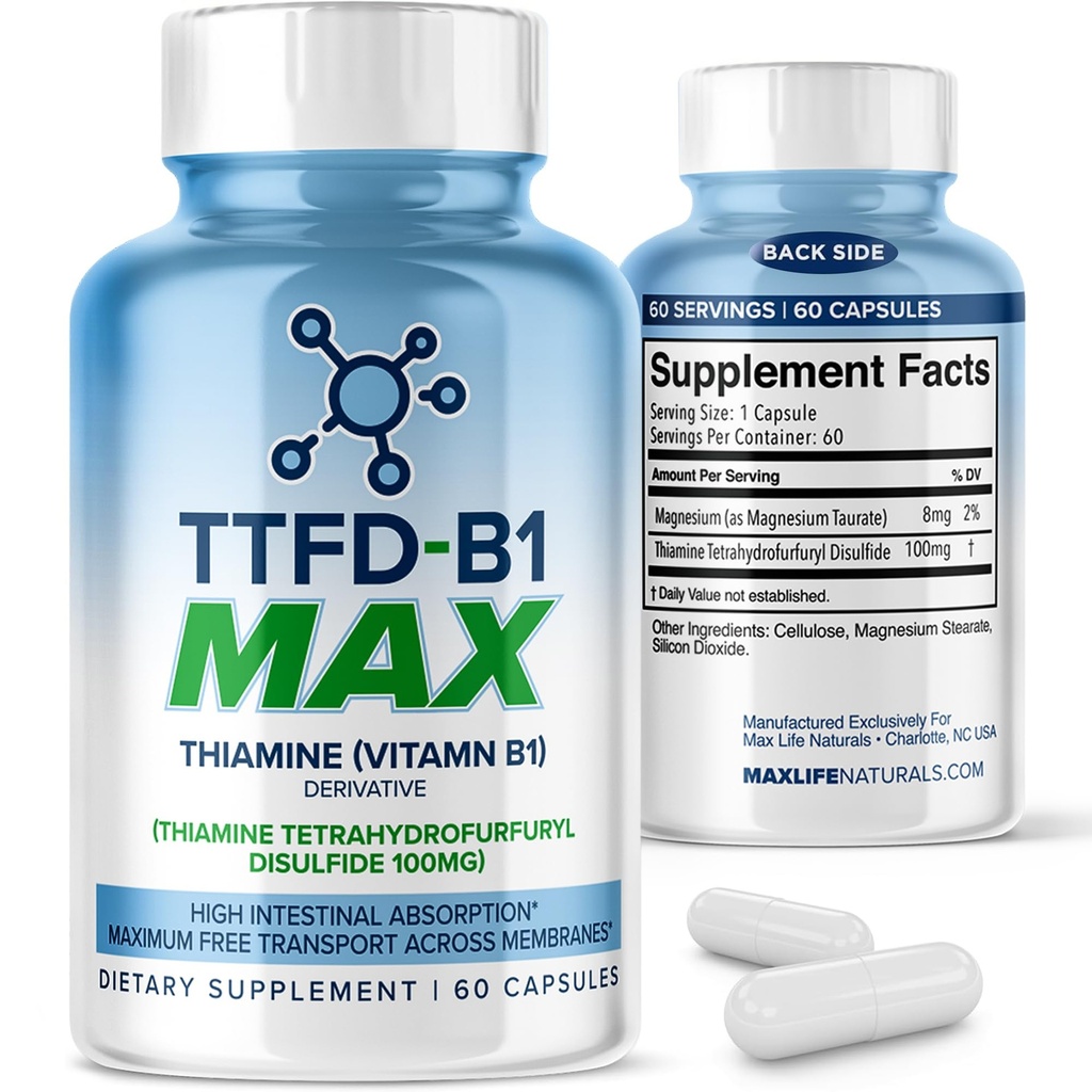 TTFD Thiamine B1 Supplement 60Capsules Made in USA- Thiamine TTFD Vitamin B1 MAX, High-Potency Supplement for Energy & Focus, Supports Healthy Nerve Function & General Wellness by MaxLife Naturals