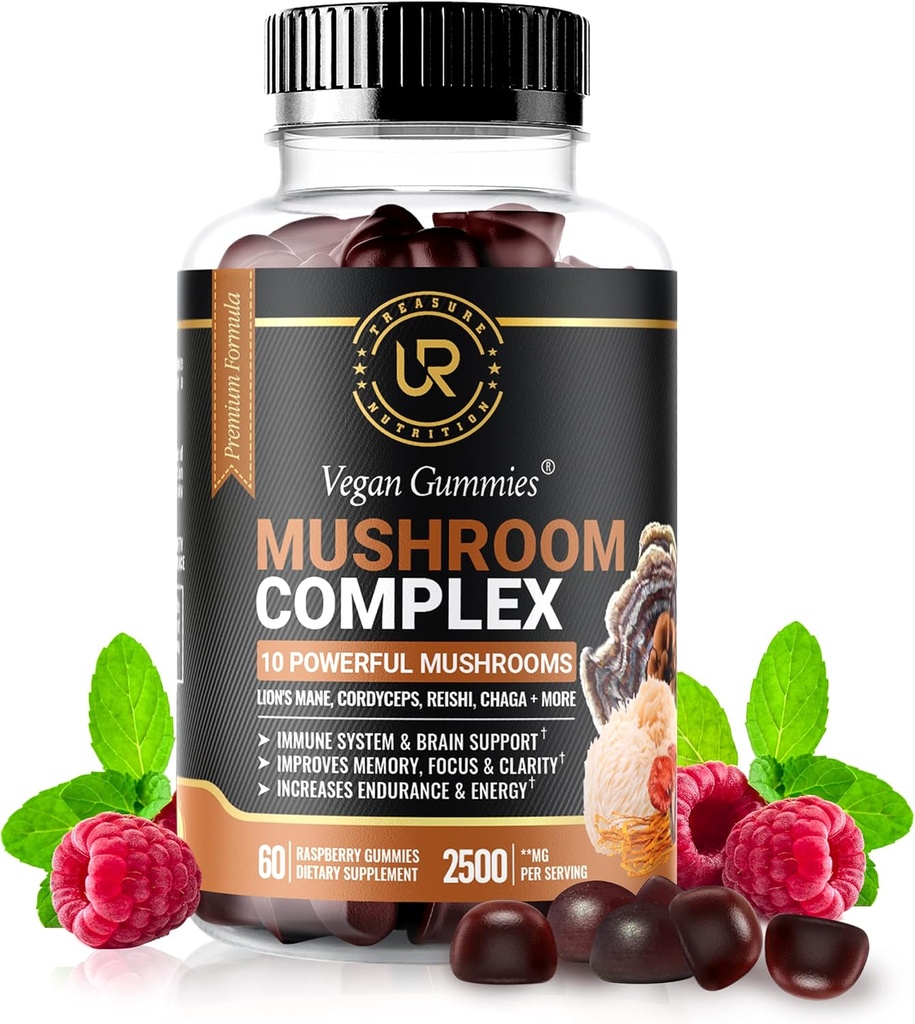Mushroom Gummies ← 10 Mushroom Suplemento - 2500mg - Turquía Tail, Chaga, Reishi, Cordyceps & Lions Mane Organic Mushroom Extractos, Booster de Cerebro Nootrópico para Focus, Memory, Clarity, Energy Silencioso 60ct