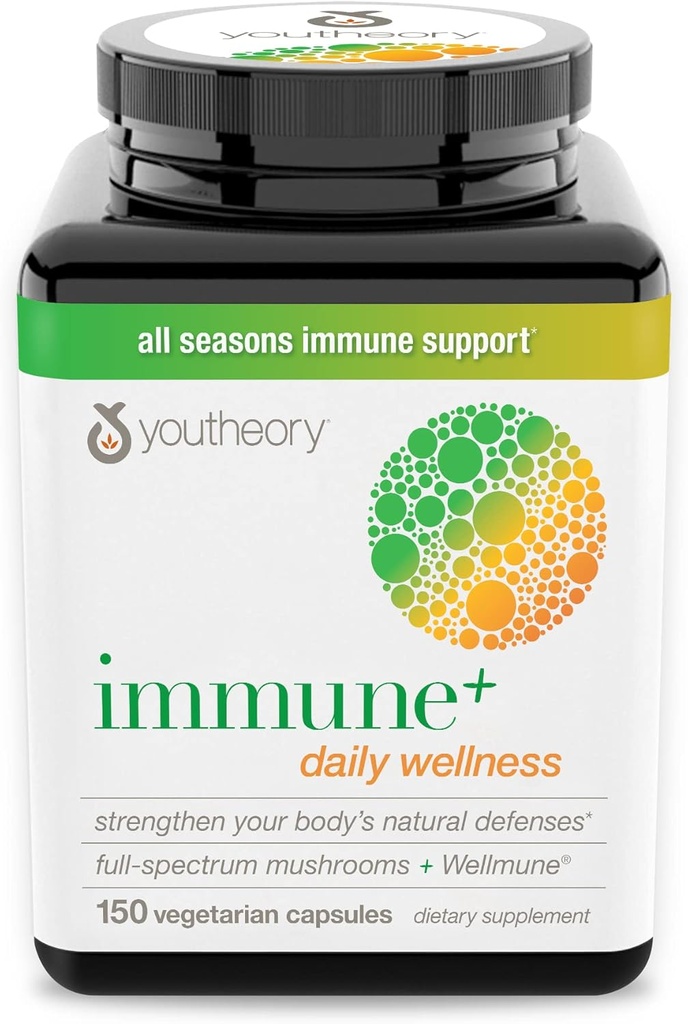 Youtheory Immune+ Daily Wellness- Organic Mushrooms- Beta Glucan- Vitamina C, D3 &amp; Zinc 150 Vegetarian Caps