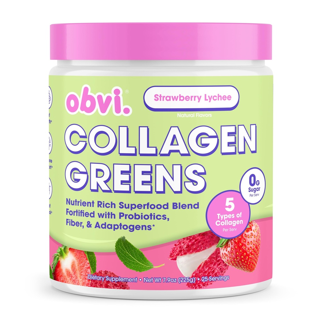 Obvi Collagen Greens ← Ecológico Greens Superfood Powder con Peptides Collagen ¦ Probióticos para Gut Health, Skin, Hair, Nails TEN Gluten-Free, Zero Sugar TEN Strawberry Lychee Flavor, 25 Servings