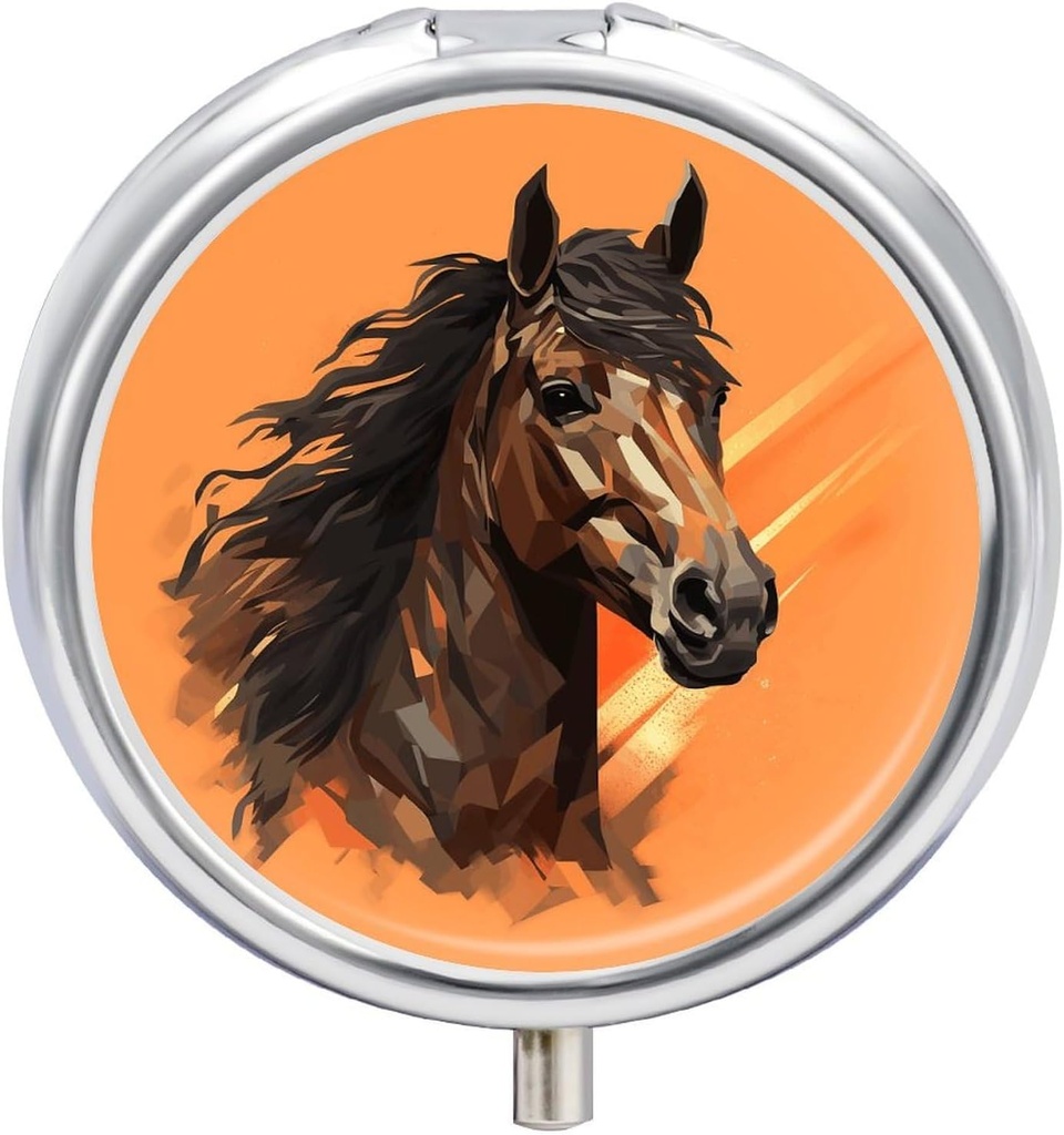 Caja de Píldora de Viaje para Purse &amp; Pocket,Orange Background with Horse Head Print Metal Caja de Píldora Pequeña,Organizador de Píldora Ligera,3 Contenedor de Píldoras de Compartimiento,Mini Cajas de Píldoras para Píldoras,Vitamins,Suplementos,a
