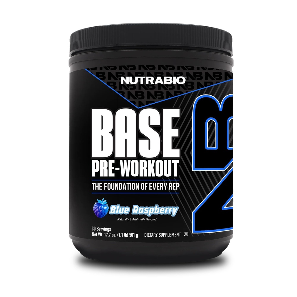 NutraBio Base Pre-Workout Powder 200mg Caffeine, Energía Sostenida, Focus, Resistencia, Bomba, Sugar Gratis, Limpieza Preworkout para Hombres y Mujeres - Beta Alanine, L-Tyrosine, 30 Servimientos - Blue Raspberry