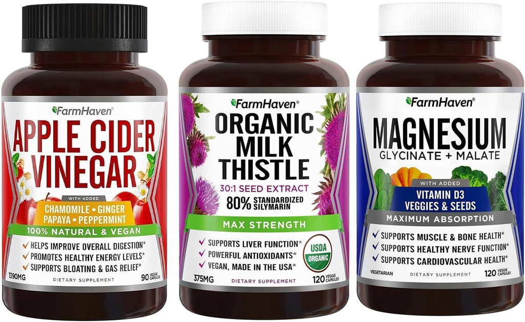 FarmHaven Manzana Vinagre cápsulas con Ginger &amp; Magnesium Glycinate & Malate Complex w/Vitamin D3 &amp; Milk Thistle capsules