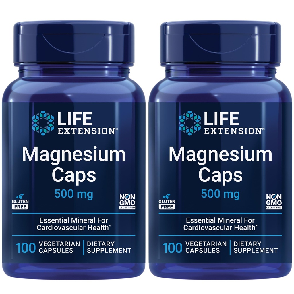 Extensión de la vida Caps de magnesio, 500 mg, Magnesium Succinate, Heart Health, Healthy Bones, Metabolism Support - Pack de Dos - 2 x 100 cápsulas vegetarianas