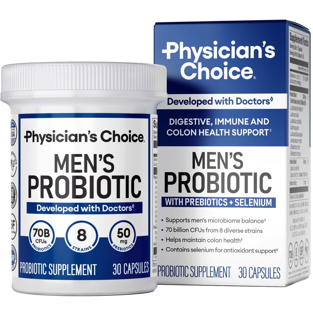 Probióticos de selección de médicos para hombres - 70 billón CFU - 8 estrados - w / selenio " Prebióticos orgánicos - Apoya Salud Digestiva, Microbioma, Colon, " Salud Inmunitaria - Probiótico de hombres avanzados - 30ct