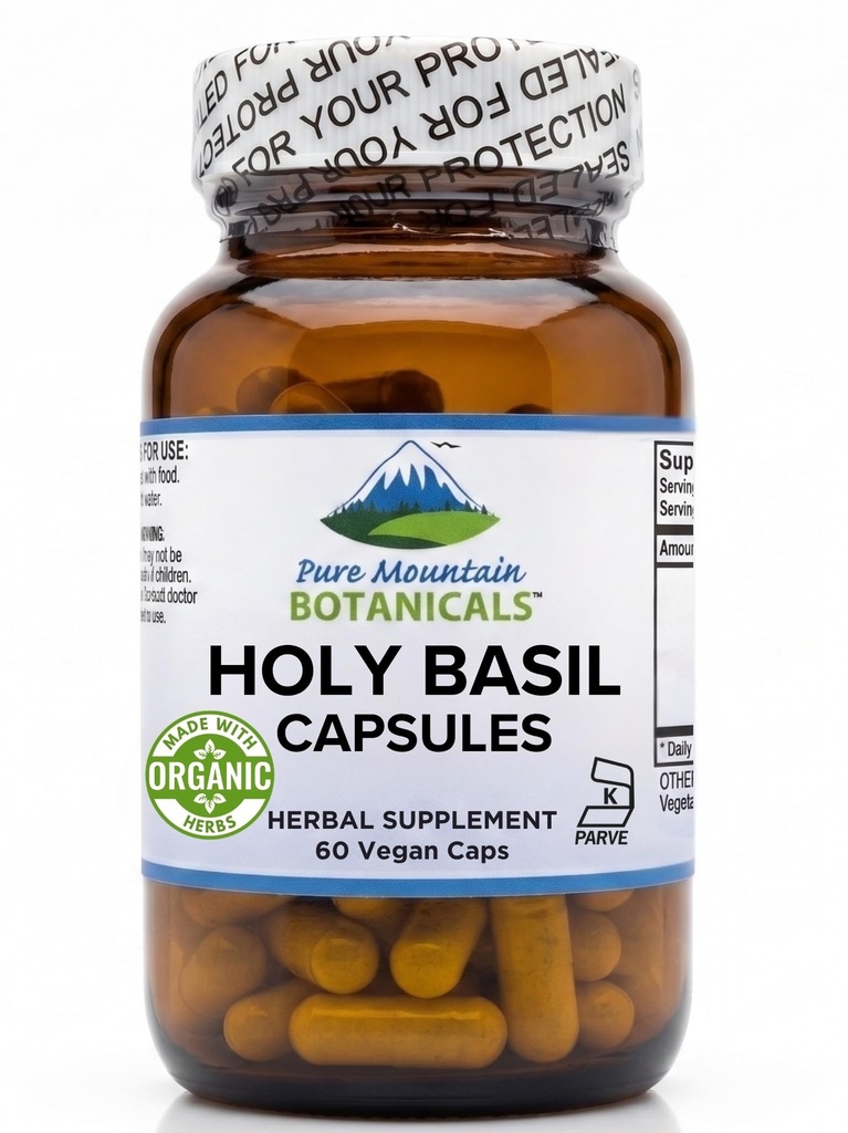 Pure Mountain Botanicals Holy Basil Capsules - Kosher Vegan Caps con 450mg Organic Holy Basil Tulsi & Holy Basil Extracto de India