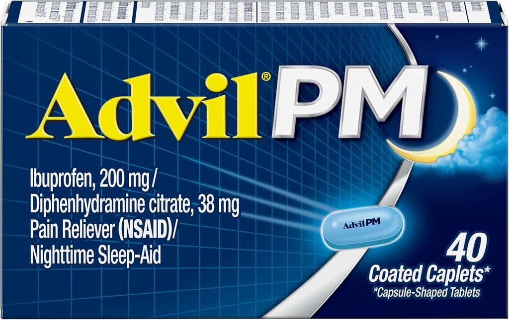 Advil PM (40 cuenta, paquete de 2) Dolor de alivio / Noche de la ayuda al sueño Coated Caplet, 200 mg Ibuprofeno y 38 mg Diphenhydramine Citrate