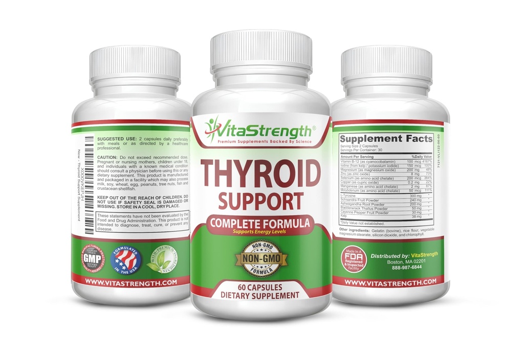 Soporte para tiroides - Fórmula completa para apoyar los niveles de energía con yodo, Bladderwrack, Kelp, B12 &amp; More- Thyroid Energy: Boost T4 to T3 Supplement - Non-GMO