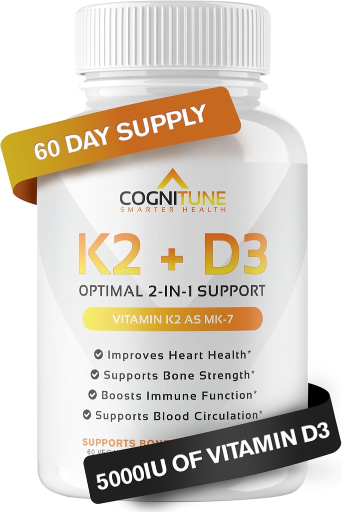 Vitamina D3 5000 UI con vitamina K2 (MK7) Suplemento - Premium Immune, Heart & Bone Health Capsules - Vitamina K2 D3 Complejo con 5000 UI de vitamina D3 & 90 mcg de vitamina K2 mk7-60 Conde