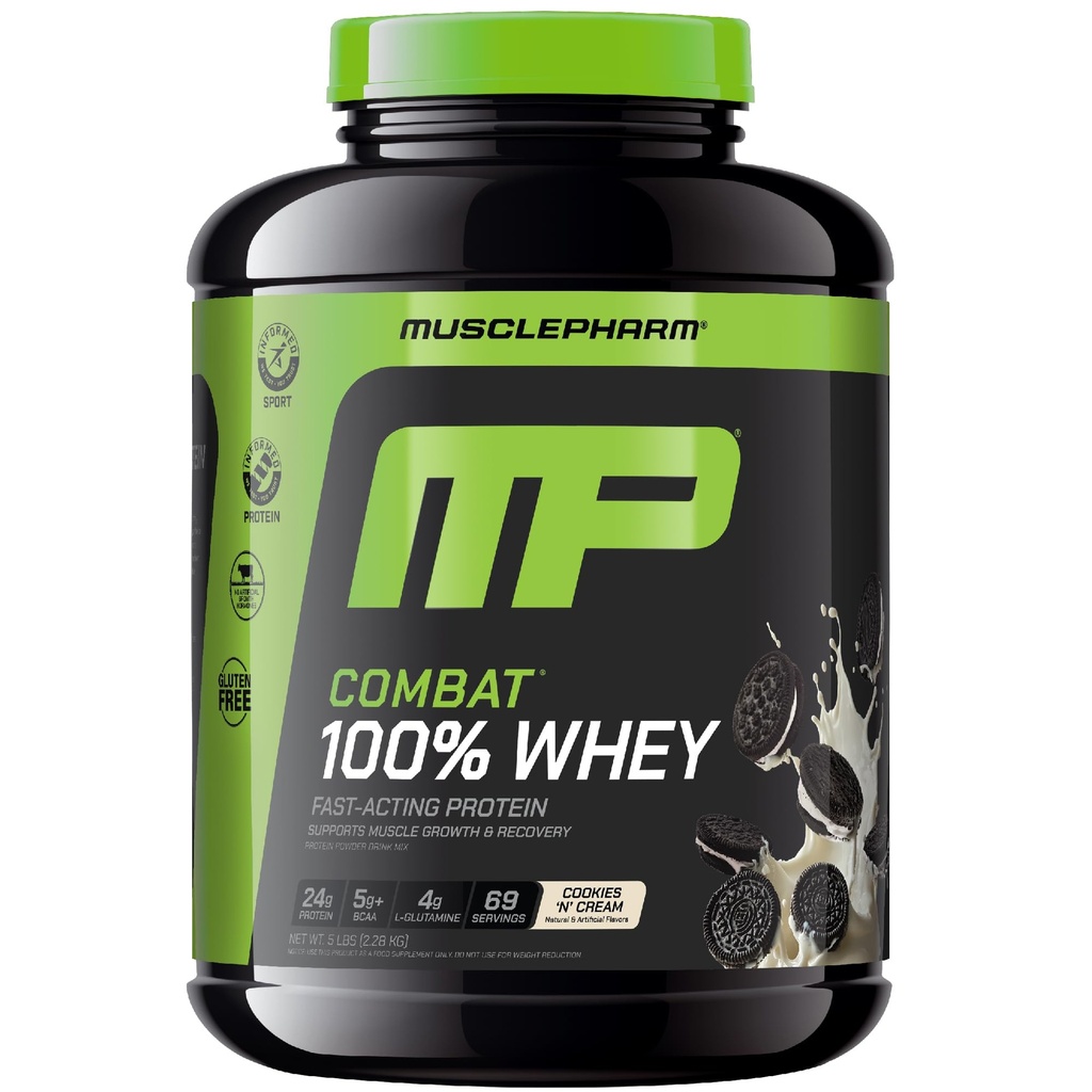 MusclePharm Combat 100% Whey Protein Powder, Cookies ‘N’ Cream Flavor, Fast Recovery &amp; Muscle Gain with Whey Protein Isolate, High Protein Powder for Women &amp; Men, Gluten Free, 5 lb, 69 Servings