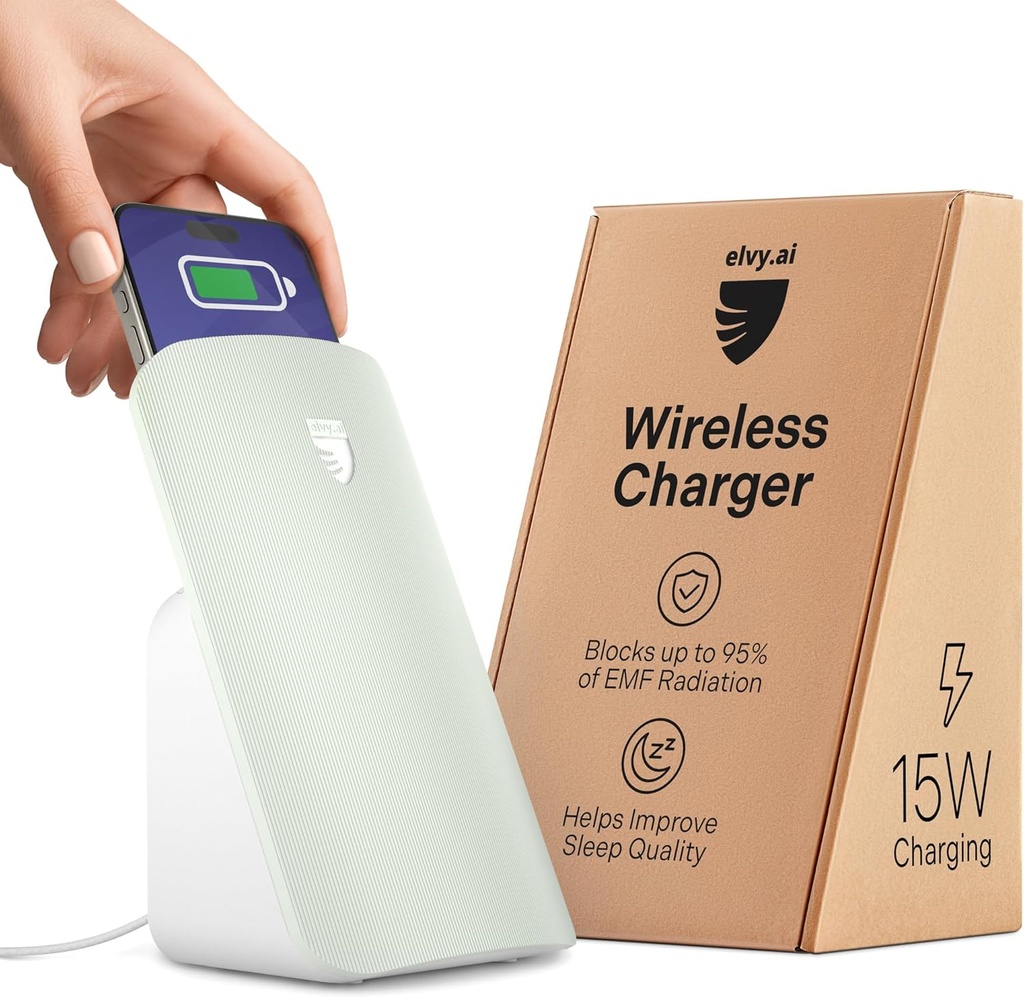 Elvy Fast Qi Wireless Charger for Cell Phones - Diseñado con EMF Management Technology for Enhanced Charging, Advanced Environmental Shielding, Lab Tested by Ordos Tech, 2023 (Mint Green)