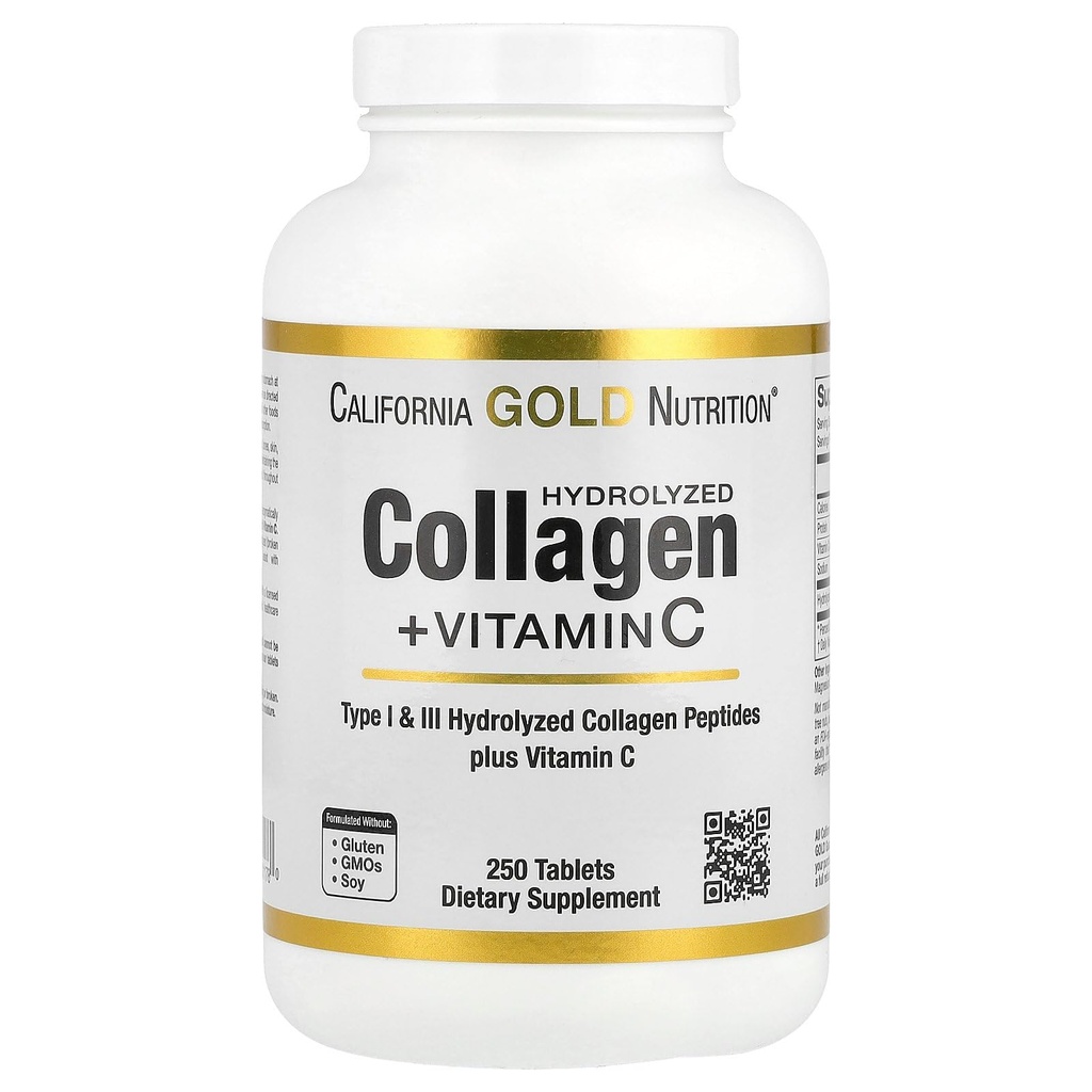 California Gold Nutrition Peptides de colágeno hidrolizado + Vitamina C Support for Hair, Skin, Nails, Joints, &amp; Bones - Destacando Peptides tipo I & III Collagen - Gluten Free, Non-GMO - 250 Tablets