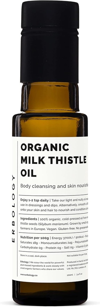 Erbology Organic Milk Thistle Oil 3.4 fl oz - Cold-Presed - High in Vitamin E - Detoxifying - Straight from Farm - Non GMO - No Additives or Preservatives - Recyclable Glass Bottle