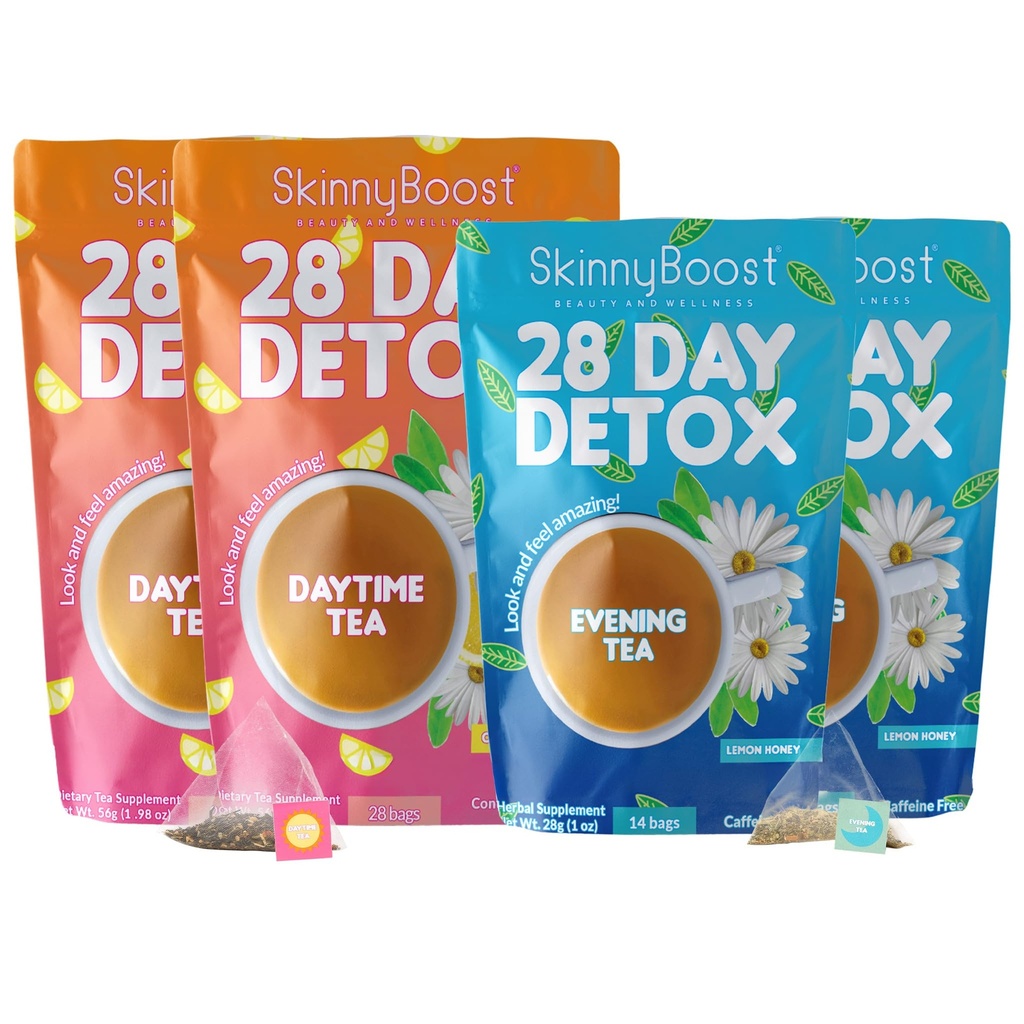 Skinny Boost Detox Tea Kit – 4 PACK - 2 Daytime Teas (56 Bolsas) 2- Evening Teas (28 Bolsas) – Herbal Detox for Weight, Metabolism, Energy, Bloating & Colon Cleanse – Green Tea, Vegan, Keto, Non-GMO, Sugar-Free