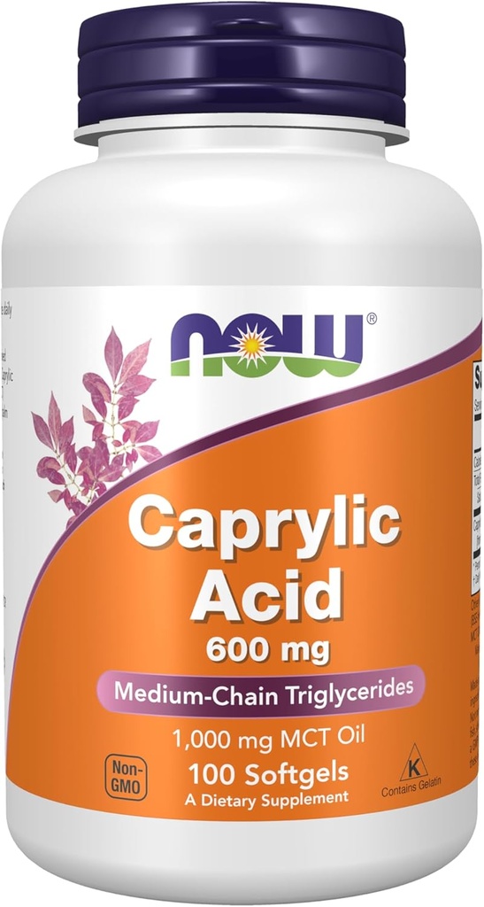 AHORA Suplementos de alimentos, ácido caprílico 600 mg, MCT (Triglicéridos de media cadena), 100 Softgels