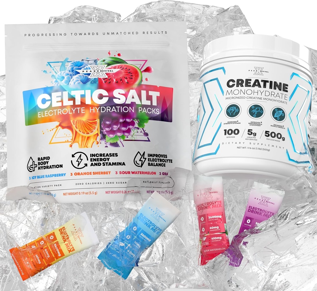 Micronizado Monohidrato de Creatina Polvo + Electrolitos Embalajes de Polvo - Paquete de Variedad de Sal Celta (12 Packets)