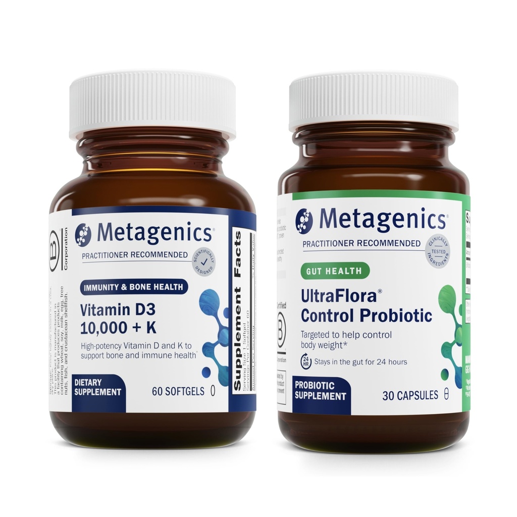 Metagenics Vitamina D3 10,000 + K (60 Softgels) & UltraFlora Control Probiotic (30 Servimientos) - Asistencia Bone &amp; Heart Health - Ayudas Healthy Body Composition