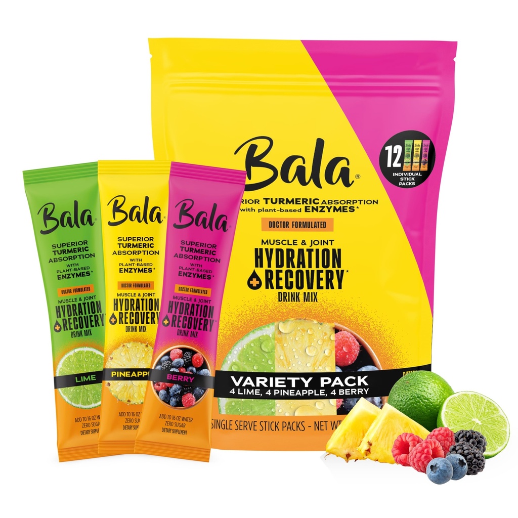 Bala Enzyme Hydration &amp; Sugar-Free Drink Mix - Turmeric, Bromelain, Papain - Inmunity, Mobility - Variety Pack 0.25oz (12 Conde)