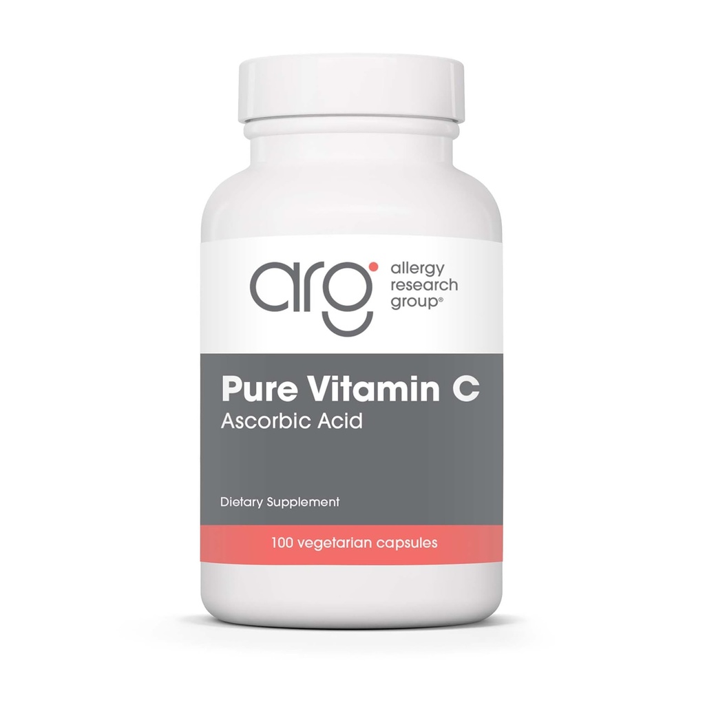 Grupo de investigación de alergia Suplemento de vitamina C puro - Ácido ascóbico, vitamina C orgánica de 1000 mg, alta potencia, incoloro, acidez leve, cápsulas vegetarianas - 100 conteo