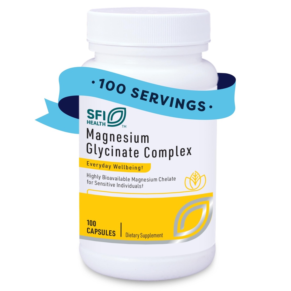 Klaire Labs SFI Health Magnesium Glycinate Complex - Chelated Magnesium Blend for Optimal Absorption - Supports Healthy Bones, Muscles & Energy Levels - Gentle on Digestion (100 cápsulas)