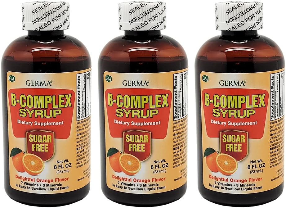Germa B-Complex Syrup. Suplemento dietético. Bone Health, Growth and Development Aid. Sugar Free. Orange Flavor. 8 oz. Paquete de 3