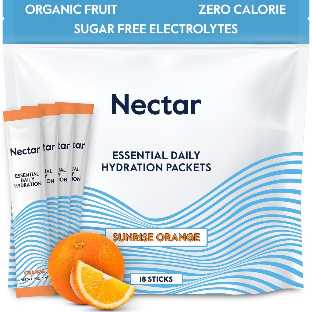 Embalajes de hidratación Nectar - Electrolitos Embalajes de polvo - No Azúcar o Calories - Electrolitos de frutas orgánicas líquidos diariamente polvo para alivio de la deshidratación y rehidratación rápida (Orange 18 Pack)