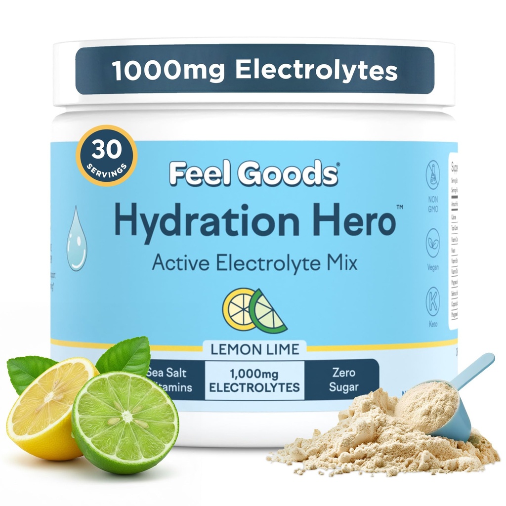 Siente los bienes Hidratación Héroe, 1000 mg Electrolitos Polvo, Sugar Gratis, Magnesio, Aloe Ecológico Vera, Aloe Orgánico, L Theanina, Vitamina C & B12, No GMO, Keto, Vegan  habit Lemon Lime, 30 Servimientos