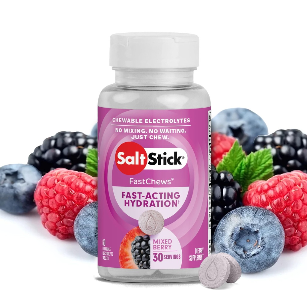 SaltStick Electrolyte FastChews - 60 electrolitos mezclados de Berry Chewable - Tablas de sal para correr e hidratación, cerdas electrolíticas - 60 cuenta
