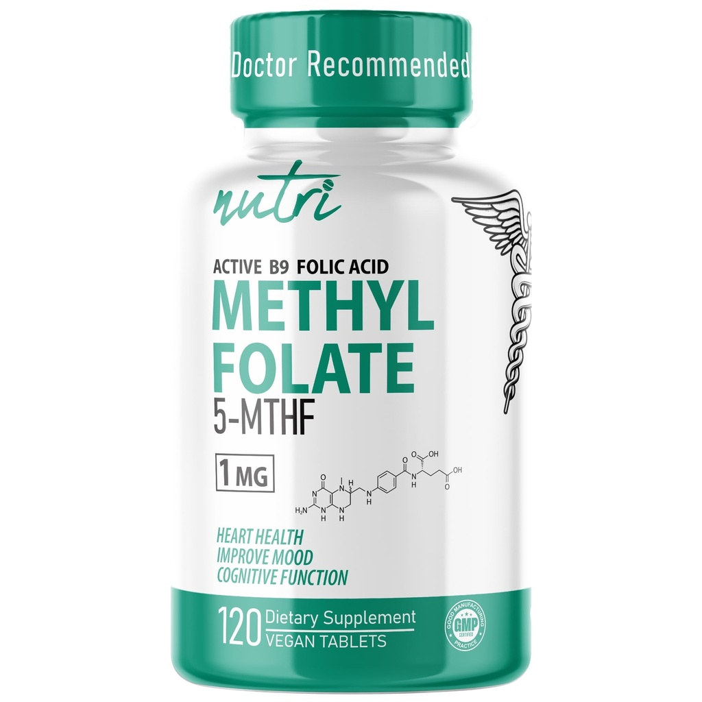 Nutri 5-MTHF L Methylfolate 1MG - 4 Month Supply, 120 Vegan Tablets - Methylated Folate Supplement - Cognitive Function, Heart Health, Prenatal Support - 3rd Party Tested - NSF Certified Facility