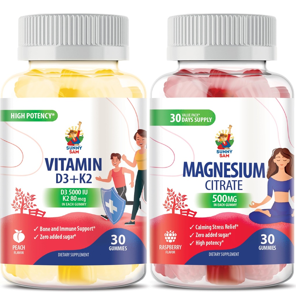 Gummies de Magnesio para Adultos Niños - 500 mg y Vitamina D3 K2 Gummies 5000 UI. Cifras de magnesio calma - Citrate de magnesio Suplemento de mango &amp; musculo