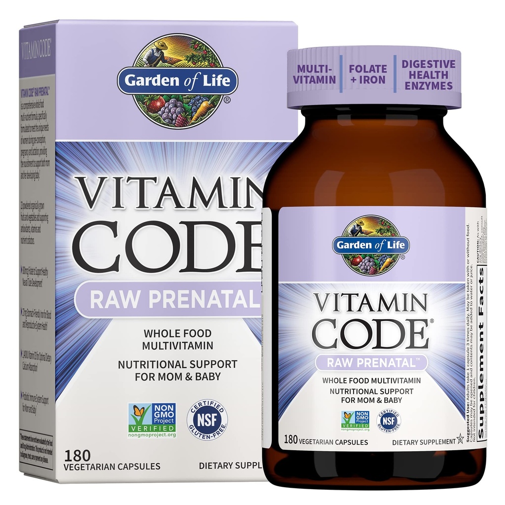 Jardín de la vida Multivitamina prenatal para las mujeres de alimentos enteros con biotina, hierro y folato no ácido fólico, Probióticos para el apoyo inmunológico - Vitamin Code Raw Embarazo debe tener - 180 cápsulas