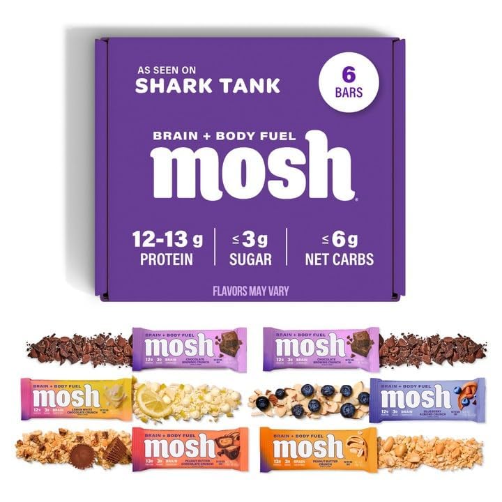 MoSH Variety Pack Keto Protein Bares, Alto Fiber, Bajo Carb, Gluten Free, High Protein, Brain Healthy Snack con Ashwagandha, Lion's Mane, 6 Conde