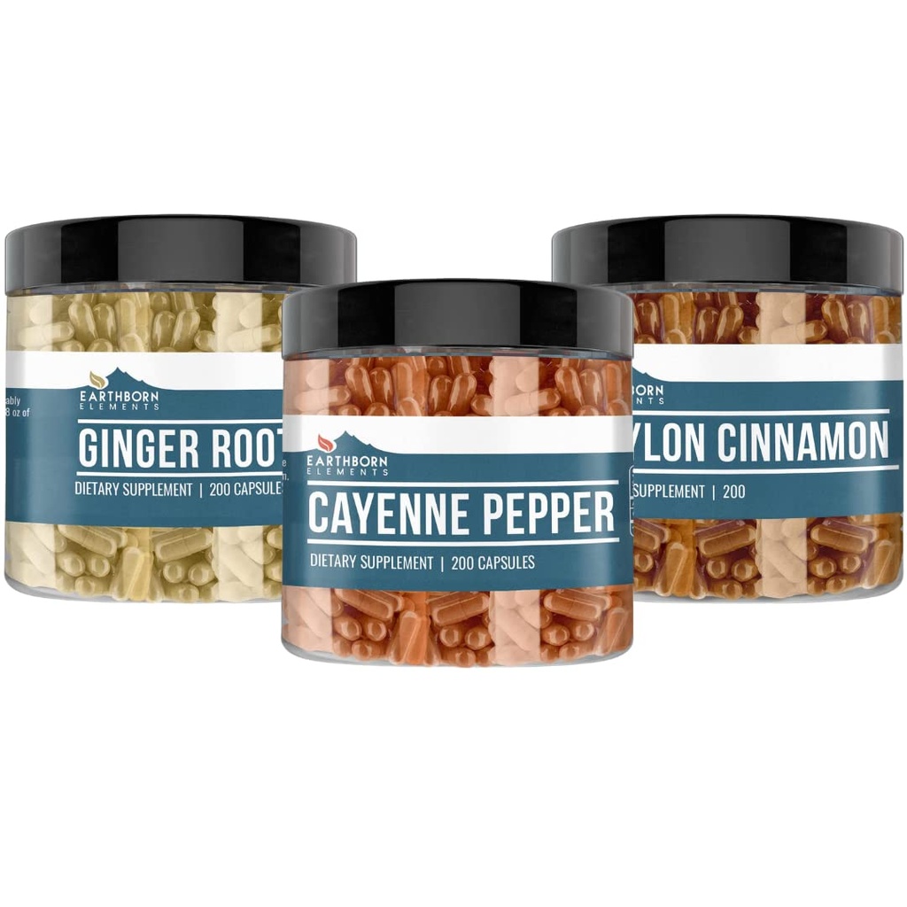 Elements Cayenne Pepper, Ceylon Cinnamon &amp; Ginger Root Bundle (200 capsules cada uno), Puro " Undiluted, No Additives