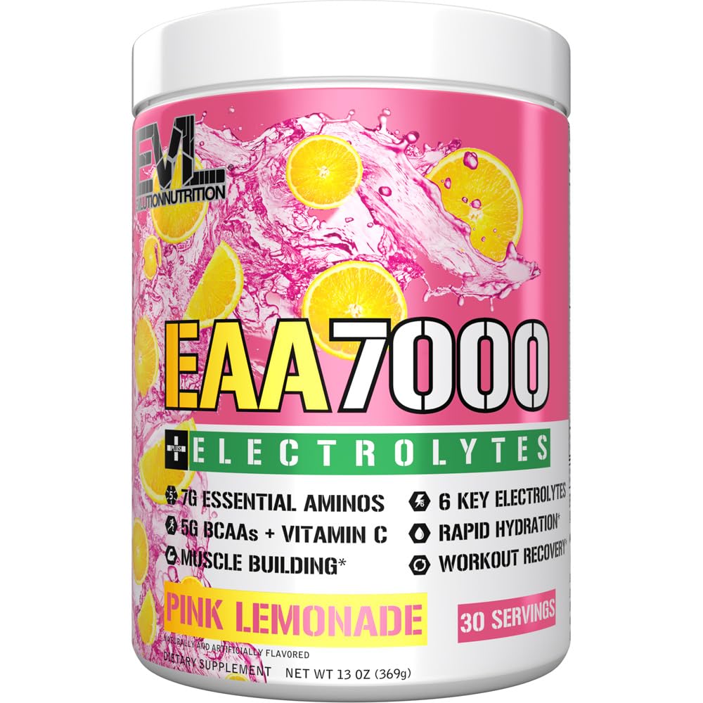 Evlution Nutrition EAA7000 + Electrolytes - Pre &amp; Post Workout Powder - Muscle Building + Recovery Supplement - 7g EAAs + 5g BCAAs + 6 Key Electrolytes - Fast Hydration - 30 Servings - Pink Lemonade