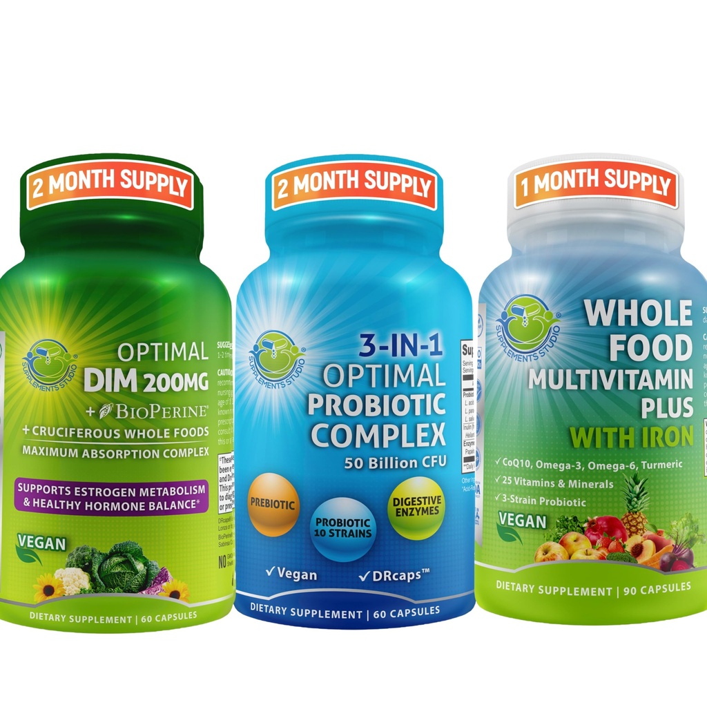 Saldo hormonal " Trio de Salud Digestiva - DIM 200 mg con verduras cruciferosas BioPerine® + Probiótico 3-en-1 con prebiótico y enzimas + Multivitamina entera de alimentos con hierro – Wellness vegano