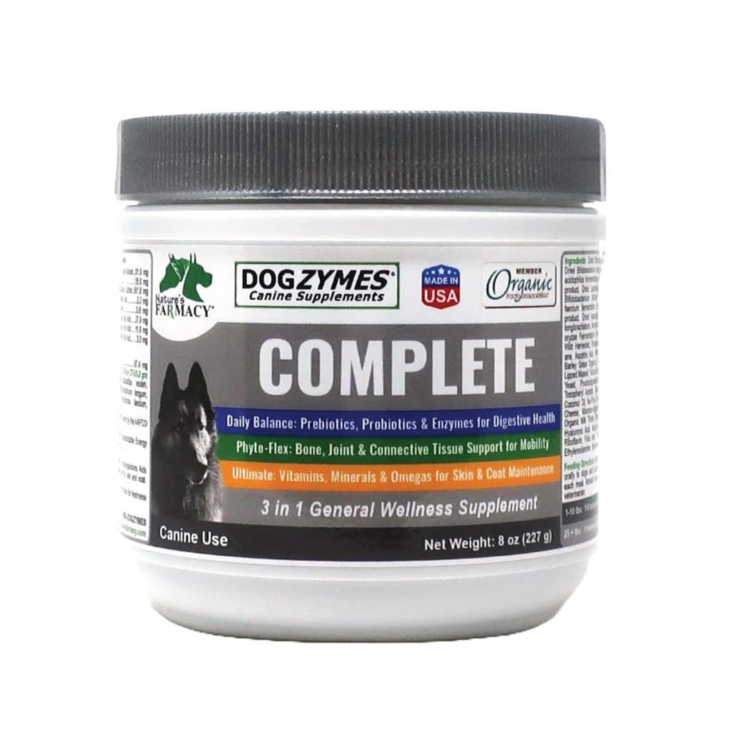 Dogzymes Complete - Probióticos, prebióticos, Glucosamina, Condroitina, MSM y Ácido Hialurónico, Completo Cuidado de la Piel y la Carne (8 onzas)