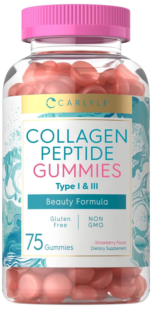 Carlyle Collagen Gummies ← Strawberry Flavor Beauty Supplement ← Hidrolyzed Collagen Peptides for Women &amp; Men TEN Tipo 1 &amp; 3 TEN Non-GMO, Gluten Free